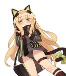  animal_ears ass_visible_through_thighs black_gloves blonde_hair blush bow cat_ears cat_tail commentary_request eyebrows_visible_through_hair from_below girls_frontline gloves headphones itsuki_tasuku jacket long_hair looking_at_viewer simple_background solo tail tail_bow thigh_strap tmp_(girls_frontline) very_long_hair white_background yellow_eyes 