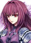  eyebrows_behind_hair fate/grand_order fate_(series) long_hair looking_at_viewer parted_lips portrait purple_hair red_eyes scathach_(fate)_(all) scathach_(fate/grand_order) shiny shiny_hair shoulder_armor solo spaulders tsukikage_oyama 