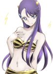  animal_print arm_behind_back bra breasts cleavage collarbone cosplay floating_hair head_tilt heartcatch_precure! long_hair looking_at_viewer lum lum_(cosplay) medium_breasts navel precure purple_eyes purple_hair smile solo strapless strapless_bra tiger_print tsukikage_oyama tsukikage_yuri underwear upper_body urusei_yatsura very_long_hair white_background 