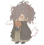  animal_ears bangs blue_footwear blue_kimono blush brown_eyes brown_hair brown_hakama brown_scarf chibi dog_ears dog_tail drawn_ears drawn_tail eyebrows_visible_through_hair fake_animal_ears fake_tail fang fate/grand_order fate_(series) full_body hair_over_one_eye hakama japanese_clothes kidhukaji kimono male_focus okada_izou_(fate) open_mouth scarf short_kimono simple_background solo standing tail v-shaped_eyebrows white_background 