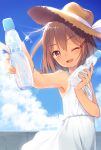  :d armpits bangs bare_arms bare_shoulders blue_sky blurry blurry_background blush bottle bow brown_eyes brown_hair brown_hat cloud condensation_trail day depth_of_field diffraction_spikes dress dx_(dekusu) eyebrows_visible_through_hair fingernails hair_ornament hairclip hat hat_ribbon highres holding holding_bottle ikazuchi_(kantai_collection) kantai_collection looking_at_viewer one_eye_closed open_mouth outdoors outstretched_arm ramune ribbon sky sleeveless sleeveless_dress smile solo sun_hat sundress tan tanline tilted_headwear water_drop wet white_bow white_dress white_ribbon 