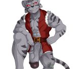  2018 abs anthro balls biceps big_penis blackbear byakko circumcised clothed clothing digital_media_(artwork) feline fur grey_fur half-erect humanoid_penis male mammal muscular muscular_male partially_clothed pecs penis red_eyes shorts shoujo_senki_soul_eater solo stripes thick_penis tiger vein 