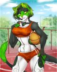  amur anthro athletic basketball bra camel_toe clothed clothing day feline female front_view fully_clothed mammal outside sheldon_dober shorts solo sports_bra standing sweat trix_avenda underwear 