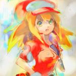  blonde_hair breasts cabbie_hat commentary_request dinef green_eyes hat jacket long_hair looking_at_viewer red_jacket rockman rockman_dash rockman_dash_3 roll_caskett smile solo 