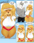  2018 anthro apollo_(cherrikissu) big_breasts blush breasts canine cherrikissu clothed clothing comic dialogue digital_media_(artwork) dog dogmom duo english_text female hair hi_res long_hair male mammal saluki slightly_chubby smile text thick_thighs voluptuous wide_hips wolf 