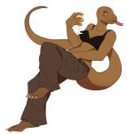  anthro belt bra breasts cargo_pants cleavage clothed clothing drinking female forked_tongue glass hairless igiveyoulemons jenny_(slither) komoido_dragon lizard long_tail monitor_lizard nails orange_eyes pants reptile scalie smile tongue tongue_out underwear 