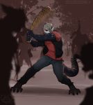  2018 4_toes 5_fingers anthro barefoot clothed clothing detailed_background digital_media_(artwork) holding_object holding_weapon kittydee lizard male red_eyes reptile scalie solo_focus standing toes weapon 