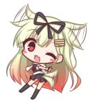 ;d bangs black_legwear black_ribbon black_serafuku black_shirt black_skirt blonde_hair blush blush_stickers chibi commentary_request dog_tail dutch_angle ear_wiggle eyebrows_visible_through_hair fang full_body gradient_hair hair_between_eyes hair_ears hair_flaps hair_ornament hair_ribbon hairclip kantai_collection kneehighs komakoma_(magicaltale) long_hair looking_at_viewer looking_to_the_side multicolored_hair no_shoes one_eye_closed open_mouth pleated_skirt puffy_short_sleeves puffy_sleeves red_eyes red_hair red_neckwear remodel_(kantai_collection) ribbon scarf school_uniform serafuku shirt short_sleeves simple_background skirt smile solo tail tail_wagging very_long_hair white_background white_scarf yuudachi_(kantai_collection) 