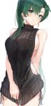  absurdres aran_sweater backless_dress backless_outfit bangs bare_arms bare_hips bare_shoulders black_sweater blush breasts closed_mouth commentary dress earrings eyebrows_behind_hair fire_emblem fire_emblem:_rekka_no_ken green_eyes green_hair high_ponytail highres hips jewelry large_breasts long_hair looking_at_viewer lyndis_(fire_emblem) meme_attire ormille ponytail ribbed_sweater sideboob simple_background solo sweater sweater_dress symbol_commentary turtleneck turtleneck_sweater very_long_hair virgin_killer_sweater white_background 