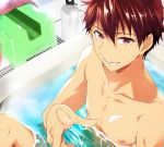  bath_stool bathing bathtub brown_hair drain_(object) ensemble_stars! kei1_833 looking_at_viewer male_focus morisawa_chiaki nude open_mouth pointing red_eyes smile solo stool 