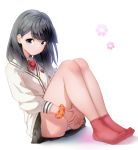  bangs black_hair black_skirt blue_eyes cardigan cherry_blossoms closed_mouth commentary_request feet highres knees_up legs_together long_hair looking_at_viewer miniskirt panties red_legwear school_uniform scrunchie simple_background sitting skirt socks solo songchuan_li ssss.gridman takarada_rikka thighs underwear white_background white_panties wrist_scrunchie 