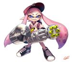  &gt;:) animal_humanoid backpack blue_eyes blush cephalopod cephalopod_humanoid clothing digital_media_(artwork) female footwear hat holding_object holding_weapon humanoid inkling marine nintendo pointy_ears shoes signature simple_background smile solo splatoon standing sweater video_games weapon white_background yut0rir0 