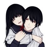  1girl bangs black_hair closed_eyes commentary_request facing_viewer hug hug_from_behind iagiluerbgnio long_hair long_sleeves looking_at_another neck_ribbon open_mouth original red_eyes ribbon short_hair smile turtleneck upper_body white_background 