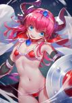  armor bikini_armor blue_eyes blush breasts cape choker collarbone commentary_request curled_horns dragon_girl dragon_horns dragon_tail elizabeth_bathory_(brave)_(fate) elizabeth_bathory_(fate)_(all) fang fate/grand_order fate_(series) hair_ribbon head_tilt highres holding holding_shield horns long_hair navel open_mouth pauldrons pink_hair pointy_ears purple_ribbon red_armor red_choker ribbon shield small_breasts solo string_bikini tail thigh_gap tiara timmy_(tztime) two_side_up vambraces very_long_hair white_cape 