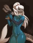  2018 anthro blonde_hair brown_eyes clothed clothing digital_media_(artwork) female fish hair holding_object holding_weapon kittydee marine metroid nintendo shark simple_background solo standing video_games weapon zero_suit 