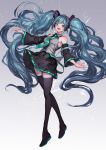  absurdres aqua_eyes aqua_hair armpits bare_shoulders blue_eyes detached_sleeves floating_hair green_hair hatsune_miku highres lm7_(op-center) long_hair looking_at_viewer necktie outstretched_hand skirt sleeveless solo standing thighhighs twintails very_long_hair vocaloid wide_sleeves 