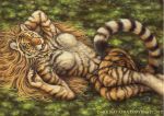  2017 amber_eyes anthro black_lips breasts dark_natasha featureless_breasts feline female fur grass looking_at_viewer lying mammal mixed_media nude open_mouth solo striped_fur stripes teeth tiger tongue 