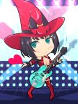  1girl black_hair breasts chibi green_eyes guilty_gear guitar hat i-no instrument large_breasts tagme underboob witch_hat 