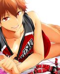  basketball_uniform brown_hair come_hither ensemble_stars! highres jersey kei1_833 looking_at_viewer male_focus morisawa_chiaki no_pants open_mouth red_eyes seductive_smile shirt_pull smile solo sportswear top_pull toy vibrator 