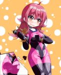  @_@ ass ass_focus blush bodysuit close-up commentary_request covered_nipples g_gundam gundam idolmaster idolmaster_shiny_colors jfr3ow komiya_kaho mobile_trace_suit open_mouth pilot_suit pink_bodysuit red_eyes red_hair skin_tight solo 