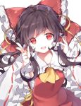  :d ascot bangs bow brown_hair detached_sleeves eyebrows_visible_through_hair frilled_bow frilled_shirt_collar frilled_sleeves frills hair_bow hair_tubes hakurei_reimu hands_up jpeg_artifacts long_hair long_sleeves looking_at_viewer open_mouth red_bow red_eyes red_shirt ribbon-trimmed_sleeves ribbon_trim risui_(suzu_rks) sarashi shirt simple_background skirt skirt_set smile solo touhou upper_body w white_background wide_sleeves yellow_neckwear 