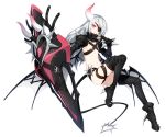  black_legwear boots bracelet closers demon_girl demon_tail demon_wings eyepatch heart heart_tail horn horns jewelry looking_at_viewer luna_(closers) red_eyes shield shoulder_spikes silver_hair solo spiked_boots spiked_bracelet spiked_tail spikes tail wings 