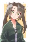  border brown_hair casual clothes_writing collarbone commentary_request eyebrows_visible_through_hair green_eyes green_jacket hair_ribbon head_tilt jacket kantai_collection long_hair long_sleeves open_clothes open_jacket outside_border parted_lips ribbon simple_background solo track_jacket twintails upper_body white_border white_ribbon yellow_background yuugen_no_tei zuikaku_(kantai_collection) 