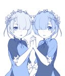 alternate_costume artist_name bangs blue blush breasts commentary_request dress eisocool eyebrows_visible_through_hair hair_ornament hair_over_one_eye hair_ribbon hairclip hand_up heart interlocked_fingers looking_at_viewer monochrome multiple_girls parted_lips ram_(re:zero) re:zero_kara_hajimeru_isekai_seikatsu rem_(re:zero) ribbon short_hair short_sleeves siblings simple_background sisters small_breasts twins upper_body vietnamese_dress white_background x_hair_ornament 