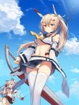  aliceblue animal_ears ass_visible_through_thighs ayanami_(azur_lane) azur_lane bandaid_on_arm bangs bare_shoulders blue_sky blush braid breasts cannon commentary_request crop_top crop_top_overhang day eyebrows_visible_through_hair fingerless_gloves gloves hair_between_eyes hair_ornament hand_up headgear highres holding holding_sword holding_weapon light_brown_hair long_hair looking_at_viewer md5_mismatch medium_breasts miniskirt multiple_girls navel open_mouth outdoors panties pleated_skirt ponytail red_eyes rigging school_uniform serafuku shirt sidelocks silver_hair skindentation skirt sky smile sweat sword tail thick_eyebrows thighhighs thighs torpedo_launcher turret underboob underwear weapon white_legwear white_panties white_shirt wide_sleeves yellow_neckwear yuudachi_(azur_lane) 