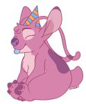  2018 alien alpha_channel angel_(lilo_&amp;_stitch) antennae back_markings birthday_hat blue_tongue blushbaker chest_tuft claws digital_drawing_(artwork) digital_media_(artwork) disney experiment_(species) eyelashes eyes_closed fur hat head_tuft lilo_and_stitch markings pawpads pink_fur purple_claws purple_nose purple_pawpads signature simple_background sitting small_tail solo tongue tongue_out transparent_background tuft 