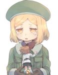  beret black_skirt blonde_hair boots brown_eyes brown_gloves brown_hair chaldea_uniform collared_jacket crying crying_with_eyes_open fate/grand_order fate_(series) fujimaru_ritsuka_(female) giantess gloves green_hat green_jacket hair_ornament hair_scrunchie hat jacket kidhukaji knee_boots long_sleeves multiple_girls no_legwear one_side_up paul_bunyan_(fate/grand_order) pleated_skirt scrunchie simple_background skirt tears uniform white_background white_footwear white_jacket 