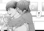  1girl biting blush child closed_eyes ear_licking greyscale half_updo hug hug_from_behind kindergarten_uniform licking monochrome original otani_(gloria) oversized_clothes oversized_shirt shelf shirt short_hair sweat 