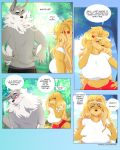  2018 anthro apollo_(cherrikissu) big_breasts blush breasts canine cherrikissu clothed clothing comic dialogue digital_media_(artwork) dog dogmom duo english_text female hair hi_res long_hair male mammal saluki slightly_chubby text wolf 