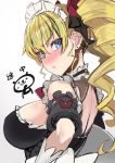  alternate_costume blonde_hair blue_eyes blush breasts claire_harvey drill_hair earrings enmaided frills frown gloves hair_between_eyes hundred jewelry large_breasts long_hair looking_at_viewer looking_back maid nose_blush ookuma_(nitroplus) solo twin_drills twintails upper_body white_gloves 