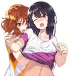  ;o akieda black_hair blush bra_strap breast_grab brown_hair collarbone grabbing grabbing_from_behind groping hibike!_euphonium kousaka_reina long_hair multiple_girls navel one_eye_closed open_mouth oumae_kumiko purple_eyes shirt shirt_lift short_hair short_sleeves simple_background t-shirt white_background yellow_eyes yuri 