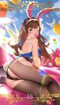  animal_ears arm_support ass balloon bangs bare_shoulders bird blue_leotard blush breasts brown_eyes brown_hair brown_legwear bubble_blowing bunny_ears bunny_girl bunny_tail bunnysuit character_name chewing_gum chinese_commentary commentary_request d.va_(overwatch) detached_collar dove eyebrows_visible_through_hair facepaint facial_mark fake_animal_ears fishnet_pantyhose fishnets headphones highres leotard long_hair looking_at_viewer one_eye_closed overwatch pantyhose sitting solo strapless strapless_leotard swept_bangs tail torn_clothes torn_legwear watermark whisker_markings yijian_ma yokozuwari 