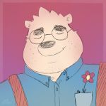  bear black_nose clothed clothing eyebrows eyes_closed eyewear flower fluffy_ears glasses male mammal overweight overweight_male plant simple_background slightly_chubby smile softscone thick_eyebrows 