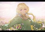  :d aikatsu!_(series) aikatsu_stars! bangs blonde_hair bow cloud cloudy_sky cosmos_(flower) eyebrows_visible_through_hair field flower flower_field futaba_aria hair_between_eyes hair_bow hair_flower hair_ornament koruse letterboxed long_hair long_sleeves looking_at_viewer low_twintails open_mouth outdoors outstretched_arms petals purple_eyes sky smile solo spread_arms twintails upper_body very_long_hair 