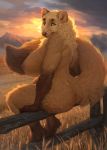  anthro big_breasts breasts butt day digitigrade dipstick_tail female fence fur gloves_(marking) honovy inner_ear_fluff looking_at_viewer looking_back mammal markings marten mountain multicolored_tail mustelid neck_tuft nipples nude outside sitting sky smile socks_(marking) solo tan_fur tuft wheat yellow_sclera 