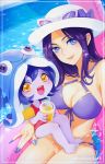  aoko_(torisoboro) bare_legs bikini blue_eyes blue_hair blue_nails blush breasts caitlyn_(league_of_legends) cleavage commentary_request drink drinking_straw fang half-closed_eyes hat highres innertube league_of_legends looking_at_viewer lulu_(league_of_legends) medium_breasts multiple_girls nail_polish open_mouth partially_submerged pink_lips pink_swimsuit pool pool_party_caitlyn pool_party_lulu purple_bikini purple_hair purple_skin self_shot sitting sitting_on_lap sitting_on_person smile sparkle sunglasses swimsuit tentacles toenail_polish toenails water yellow_eyes yordle 