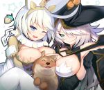  ;d ^_^ ahoge alternate_color alternate_eye_color alternate_hair_color aqua_eyes armpits black_sclera blazblue blue_eyes blush breast_press breast_smother breasts cleavage closed_eyes collar commentary_request dog elphelt_valentine gloves guilty_gear hair_ornament hair_over_one_eye happy hat huge_ahoge konoe_a_mercury large_breasts migumigu multiple_girls one_eye_closed open_mouth sandwiched smile spiked_collar spikes white_hair wide-eyed witch_hat 