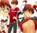  :&lt; animal_ears belt boxer_briefs brown_hair chest collar collarbone dog_ears dog_tail dogboy ensemble_stars! glasses highres kei1_833 looking_at_viewer male_focus midriff morisawa_chiaki multiple_views navel nipples off_shoulder one_eye_closed red_eyes shirt_lift smile tail tank_top yumenosaki_school_uniform 