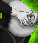  2018 5_fingers anthro belly big_belly black_bottomwear black_clothing black_fur black_panties canine claws clothing fox fur green_background grey_fur hybrid invalid_tag mammal mephitid panties pregnant simple_background skunk sweetvixsin underwear ventusthesox white_fur 