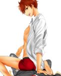  :p ass boxer_briefs boy_on_top brown_hair ensemble_stars! highres kei1_833 looking_at_viewer looking_back male_focus morisawa_chiaki multiple_boys open_clothes open_shirt pov red_eyes shirt sitting sitting_on_person smile tongue tongue_out yaoi 