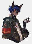  5_fingers anthro black_gloves blue_hair bone cat claws clothing digital_media_(artwork) feline fingerless_gloves flag gloves green_jacket hair looking_at_viewer male mammal patch_(fabric) simple_background slit_pupils solo white_background yut0rir0 