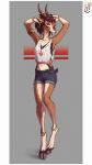  2018 antelope anthro arms_above_head breasts brown_eyes brown_fur clothed clothing crop_top curved_horn digital_media_(artwork) ear_piercing female fur gazelle hooves horn lolzguy mammal navel piercing shirt shorts solo standing tank_top thin_waist 
