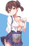  bangs blush breasts brown_eyes brown_hair cleavage closed_mouth collarbone commentary_request cowboy_shot eyebrows_visible_through_hair hair_between_eyes hakama_skirt highres japanese_clothes kaga_(kantai_collection) kantai_collection konnyaku_(kk-monmon) long_sleeves looking_at_viewer medium_breasts shield short_hair side_ponytail simple_background solo standing undressing 