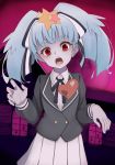  1girl blue_hair cowboy_shot grey_skirt hoshikawa_lily jacket open_mouth pleated pleated_skirt ponytail red_eyes ribbon skirt solo split_ponytail tagme zombieland_saga 