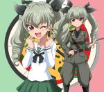  ;d anchovy anzio_military_uniform anzio_school_uniform black_bow black_neckwear black_shirt bow brown_eyes brown_jacket brown_pants drill_hair eyebrows_visible_through_hair girls_und_panzer green_hair hair_between_eyes hair_bow hanzou holding_whip jacket long_hair long_sleeves looking_at_viewer miniskirt necktie one_eye_closed open_mouth pants pleated_skirt sailor_collar school_uniform shiny shiny_hair shirt skirt smile standing twin_drills twintails white_shirt 