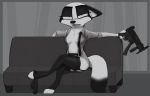  2018 anthro black_nose breasts canine chest_tuft clothed clothing crossed_legs detailed_background dipstick_tail disney facial_markings fan_character female fox garter_belt garter_straps gun half-closed_eyes holding_object holding_weapon legwear looking_at_viewer mammal markings mp5k multicolored_tail necktie open_shirt panties panties_around_one_leg purple_eyes ranged_weapon scarlett_(yitexity) sitting sofa solo stockings submachine_gun tuft underwear underwear_around_one_leg weapon yitexity zootopia 